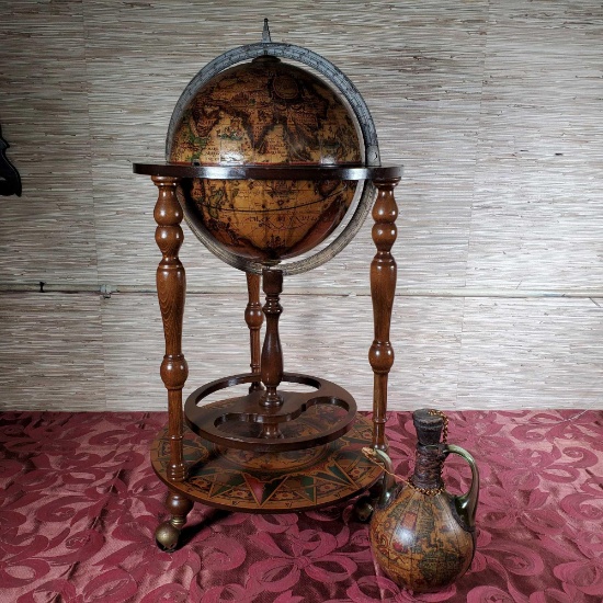 Vintage Old World Globe Rolling Bar & Matching Wine Decanter