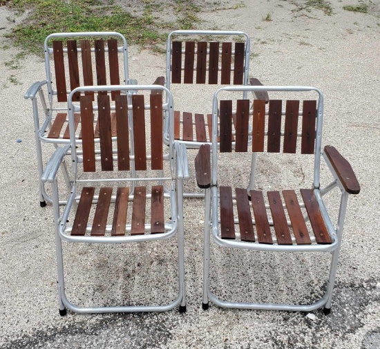 4 Retro Aluminum Tubular Frame and Redwood Patio Chairs