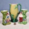 Majolica Glaze Corn pitcher and 2 figural spill vases