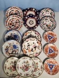 16 pcs Flow Blue & Transferware Polychrome & Imari Plates in Pairs and Sets of 3