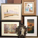 5 Small Watercolors, Enamel on Copper paintings and more