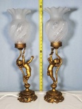 Pr of Dav Art Cherub Based Boudoir Lamps with Acid Etched Swirl Globes