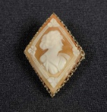 14K White Gold & Unusual Diamond Shaped Shell Cameo Portrait Brooch