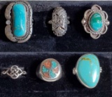 6 Sterling Silver Rings Incl. Turquoise