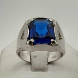 10k White Gold Mens Ring With Square Cut Lab Blue Sapphire