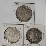 3 US Silver Morgan Dollars -1881, 1885 and 1890-O