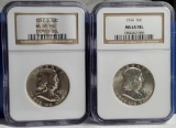 2 NGC MS 65 FBL 1956 and 1957-Da Franklin Silver Half Dollars