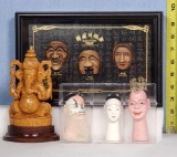 Vintage Japanese Hand Carved Doll heads, Ganesha and Mini Mask Display