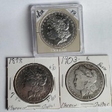 3 US Morgan Silver Dollars - 1878 7TF 3rd Rev., 1878-S VG and 1903-S