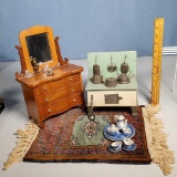 Tray Lot of Petite Doll Chest, Stove and Dishes