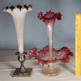 Victorian Opal Cased Glass Trumpet Vase and Cranberry Glass Epergne
