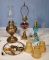 3 Iridescent Glass Shades and 4 Converted Antique Oil Lamps