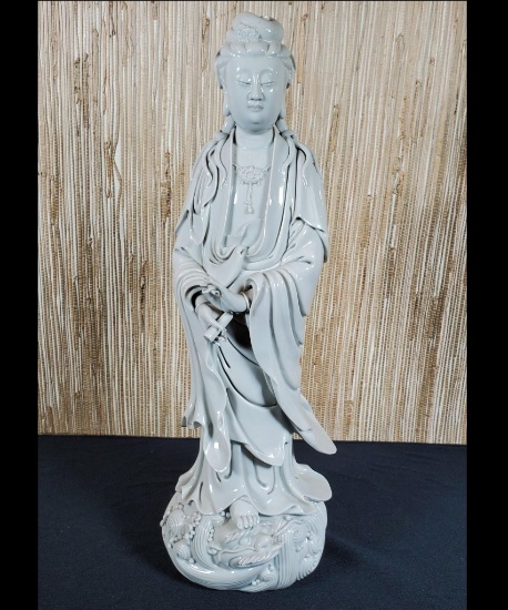 Chinese Blanc de Chine Porcelain Kuan Yin, Avalokitesvara Bodhisattva Standing W/ Scroll