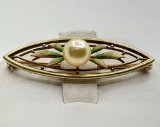 14k Yellow Gold Pin With Enameled Leaves & Pearl Center