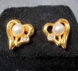 14k Gold Heart with Pearl Pierced Earrings