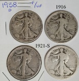4 Rare and Key Date Walking Liberty Half Dollars -1916, 2 1921-S and 1938-D