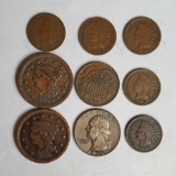 8 US 1800s Copper Cent Pcs and Silver Quarter