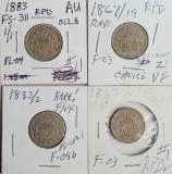 4 Scarce Date Shield Nickel Die Variety Coin Errors (2 1867 with Rays and 2 1883)