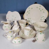 Tray of Irish Belleek Shamrock Decorated Porcelains and Leprechaun