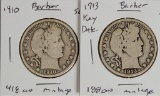 2 Scarce/ Key Date Barber Silver Half Dollars - 1910 and 1913