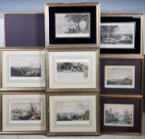 8 Antique Framed Hand Colored Engravings of Famous Cities and Places