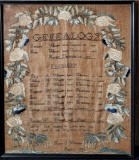 1836 Wheeler Family Framed Genealogy Embroidered Sampler