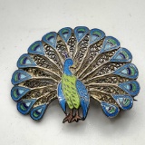 Topazio Portugal Sterling Peacock Pin With Enamel Feathers