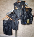 3 Black Leather Motorcycle Riding Vests & Skirt