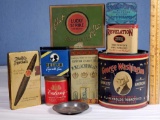 8 Antique TIn LItho Tobacco Canisters, Boxes and Ash Trays