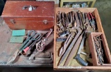 Wooden Tool Box and Misc Vintage Drill Bits and Tools