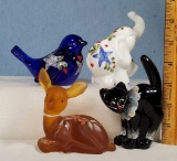 4 Hand Painted Fenton Glass Animals- Cat, Elephant, Fawn and Bird
