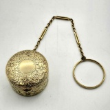 Adorable Antique 14k Gold Powder Box on 14k Gold Finger Chain