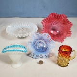 5 Pcs Fenton and Other Hobnail, Opalescent, Pressed and Other Glass