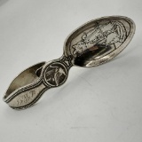 Antique Tiffany & Co Sterling Silver Baby Feeding Spoon In Mother Goose Pattern With Loop Handle