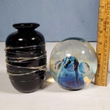 Eickholt 1994 Paperweight and T Yelvington 1978 Art glass Vase