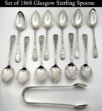 Boxed set of 12 Roger Scott 1868 Glasgow Assay Sterling Spoons and Tongs