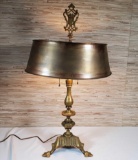 Antique 3 Clover Leaf Legged Brass Table Lamp With bouillotte Style Brass Shade