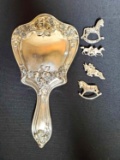 Antique Sterling Silver Hand Mirror with 4 Horse Pins