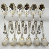 12 International Silver Co. Sterling Silver Pansy Pattern Shell Bowl Ice Cream Spoons c1909