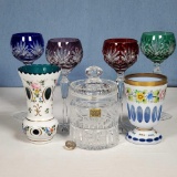 Colorful Cut Crystal Hock Wines, Vases and Crystal Biscuit Jar