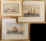 3 Antique Framed Hand Colored Lithograpahs of Ships