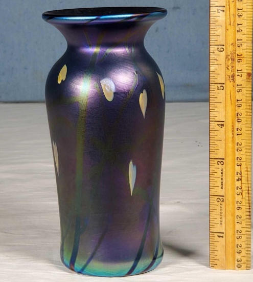 7" Donald Carlson Blue Iridescent Heart and Vine Art Glass Vase circa 1976