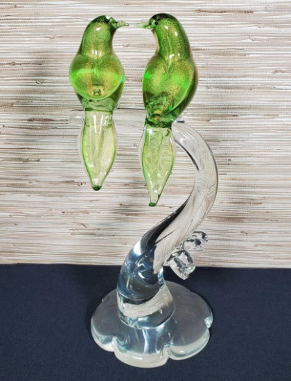 Beautiful Murano Glass Sculpture Perching Birds on a Branch by Formia Vetri