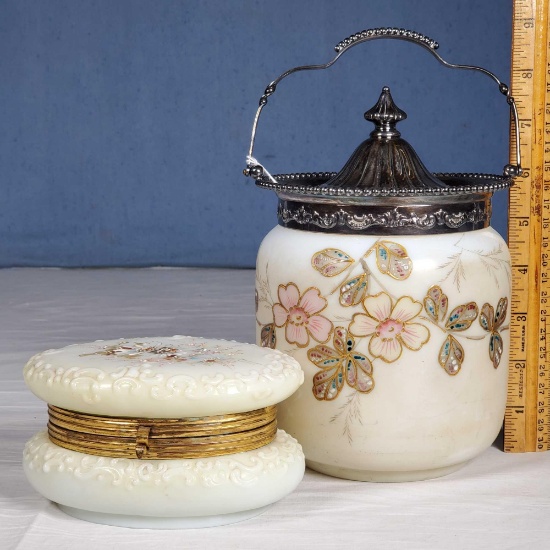 Victorian Mt Washington Opaline Biscuit Jar and Wavecrest Vanity Box