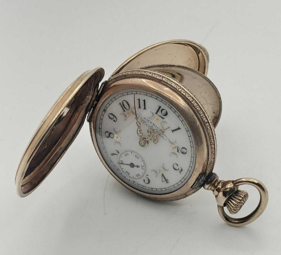 1896 American Waltham Ladies Pocket Watch With Engraved Gold Plated Hunter Case By Essex
