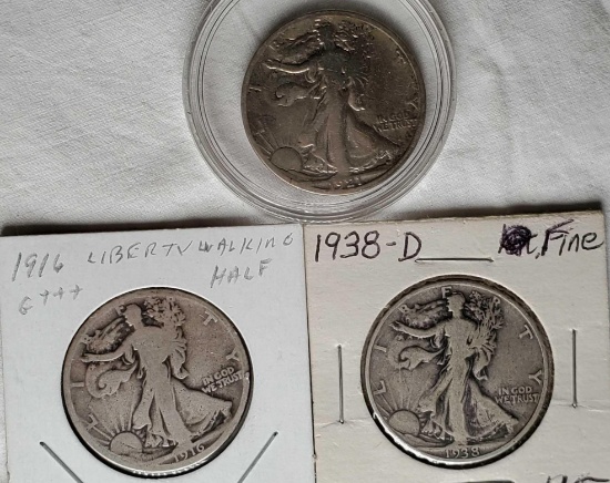3 Key Date Walking Liberty Half Dollars - 1916, 1921-S and 1938-D