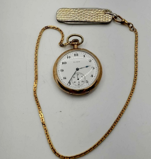 1918 Elgin 17j Model 3 Open Face Size 12s Yellow Gold Plated Pocket Watch W/ Chain & Knife Fob