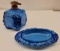 2 Pieces Bohemian Czech Lapis Glass Perfume Bottle & Pin Tray Curt Schlevogt Heinrich Hoffmann