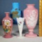 4 Hand Painted and Coralene Bristol and Opaque Glass Vases