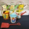 5 Vintage Tin Litho Watering Cans & Sand Bucket w/ Shovel